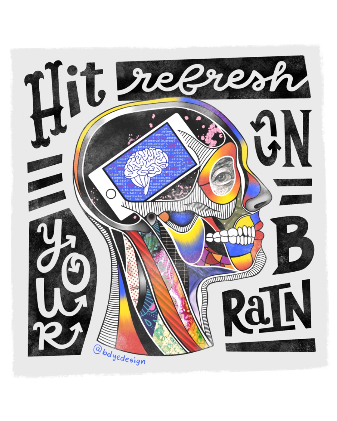 Hit Refresh Your Brain illustrative lettering