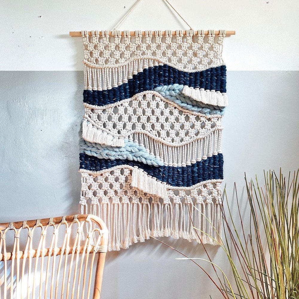 Blue macra-weave wall hanging